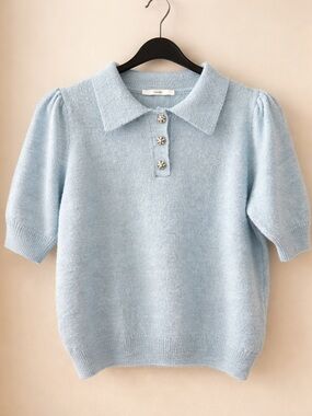 George Light Blue Polo Collar Knit Top with Decorative Buttons